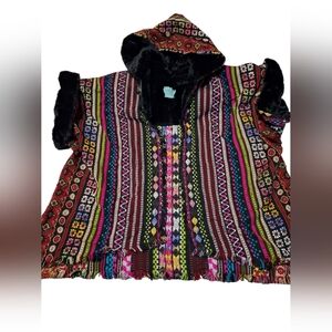 Judith March Boho Faux Fur Fringe Embroidered Tapestry Hooded Open Cardigan Med